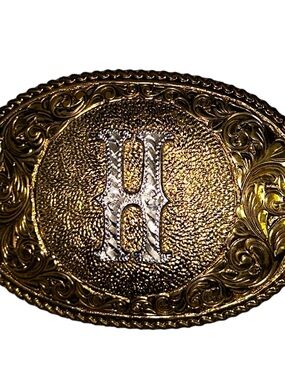 Crumrine ~ Vtg ~ Men’s Gold Tone W/ Silver “H” Initial ~ Western Belt Buckle